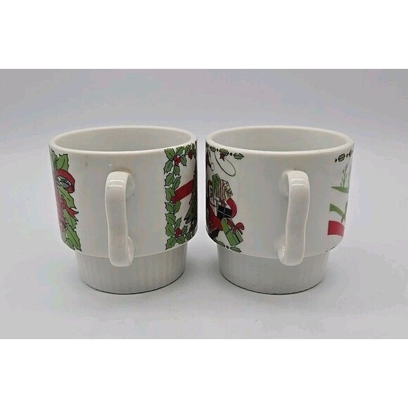 Vintage Mid-Century Christmas Stacking Coffee Cups Mugs B Handle Set of 2 - Picture 5 of 12